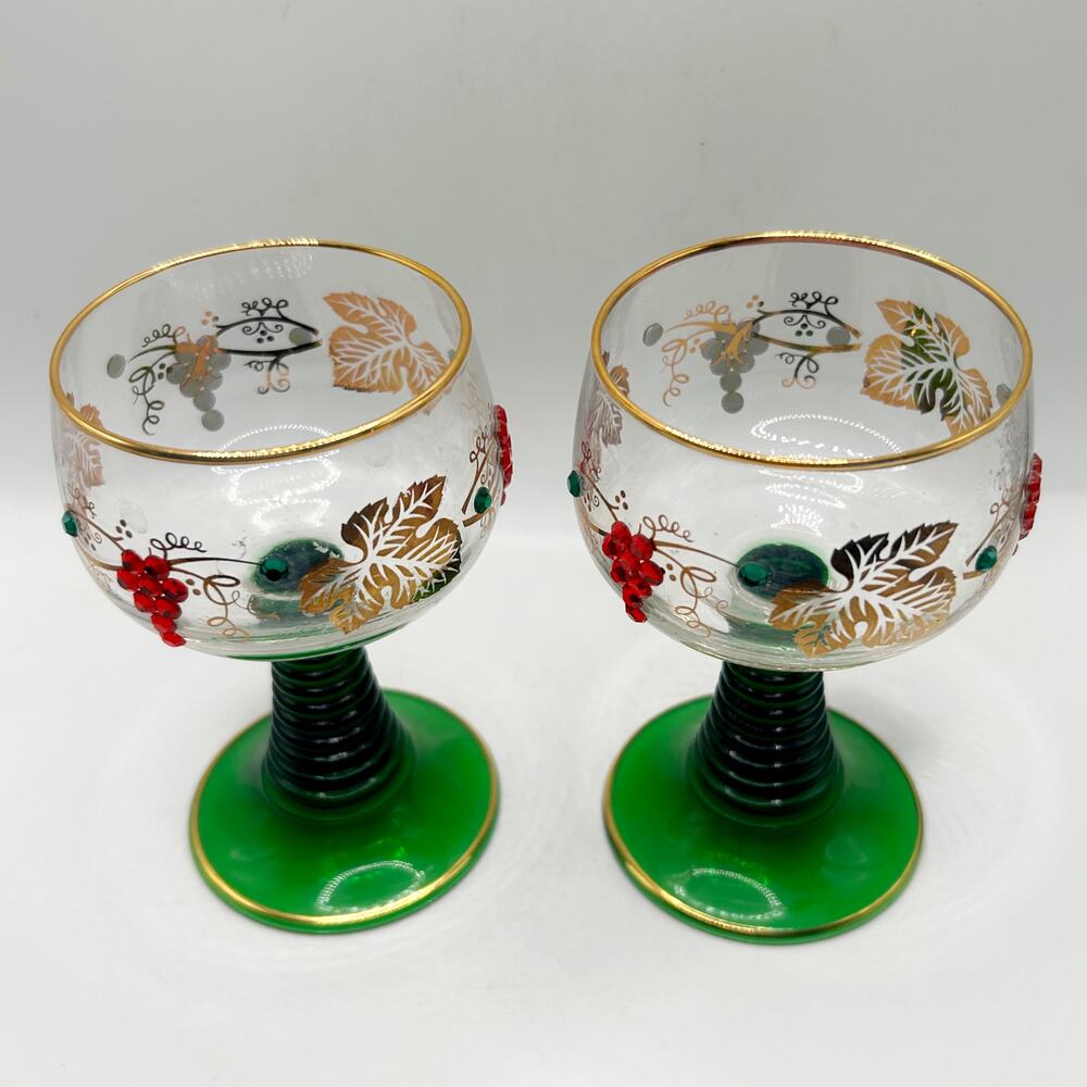 Vintage German Roemer Wine Glasses Jeweled Beehive Stem Green Glass Pair EUC